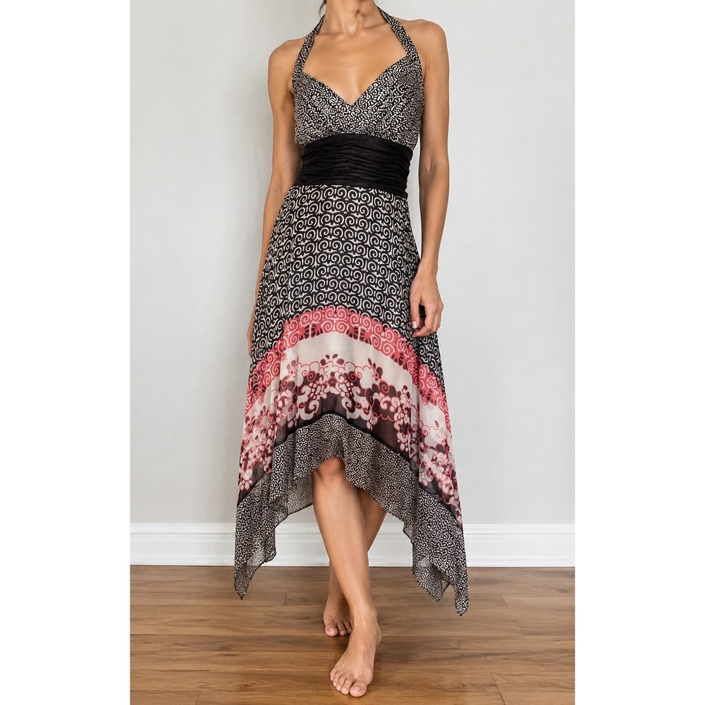 100% Silk Chiffon Halter Handkerchief Hem‎ Dress Medium Open Back Empire Waist